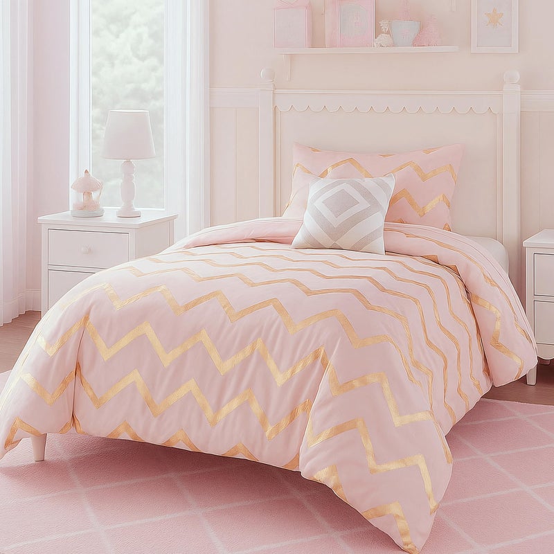 Codi Twin Comforter Set for Teen Girls, 3-Piece Pink and Gold Bedding, Warm and Lightweight for Dorm or Bedroom - Image 1