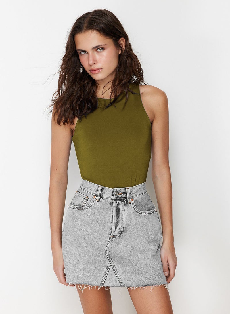 trendyol Oil Green Halter Neck Body-Fitting Stretchy Bottom Snap Fasteners Knitted Bodysuit Twoss20Bd0044 - Image 3