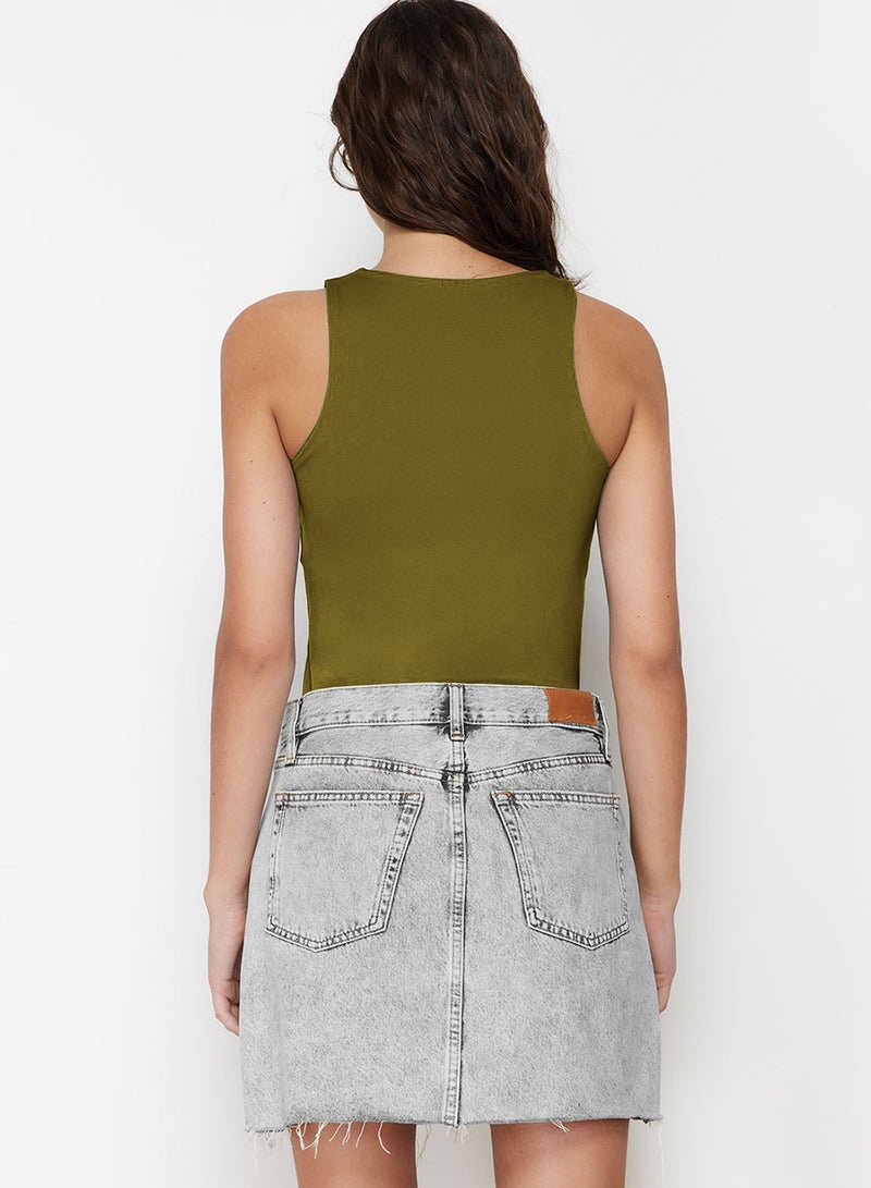 trendyol Oil Green Halter Neck Body-Fitting Stretchy Bottom Snap Fasteners Knitted Bodysuit Twoss20Bd0044 - Image 5