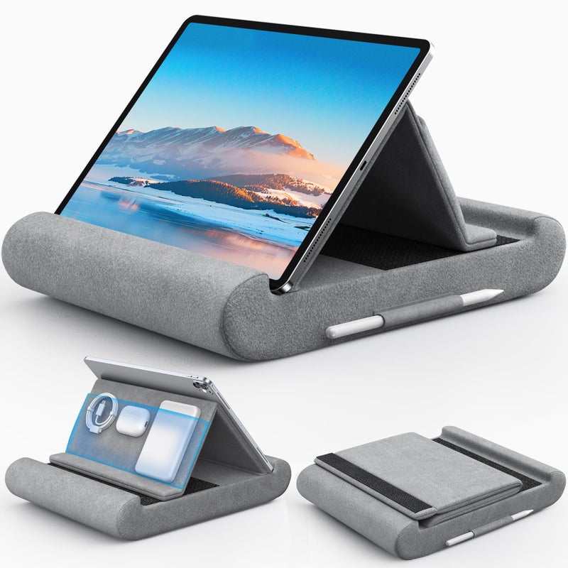 CreaDream Tablet Pillow Stand, Foldable Tablet Holder for Lap, Bed and Desk, Soft Pillow Pad with Pocket and Stylus Mount, for 4-13" Tablets, Like iPad Pro 11, 13, Air, Mini, Kindle, Galaxy Tab, Grey - Image 1