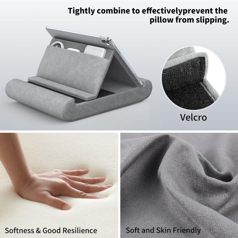 CreaDream Tablet Pillow Stand, Foldable Tablet Holder for Lap, Bed and Desk, Soft Pillow Pad with Pocket and Stylus Mount, for 4-13" Tablets, Like iPad Pro 11, 13, Air, Mini, Kindle, Galaxy Tab, Grey - Image 4