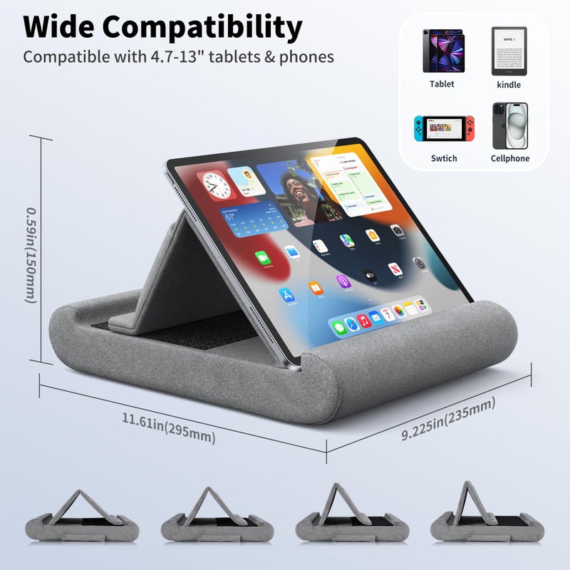 CreaDream Tablet Pillow Stand, Foldable Tablet Holder for Lap, Bed and Desk, Soft Pillow Pad with Pocket and Stylus Mount, for 4-13" Tablets, Like iPad Pro 11, 13, Air, Mini, Kindle, Galaxy Tab, Grey - Image 5
