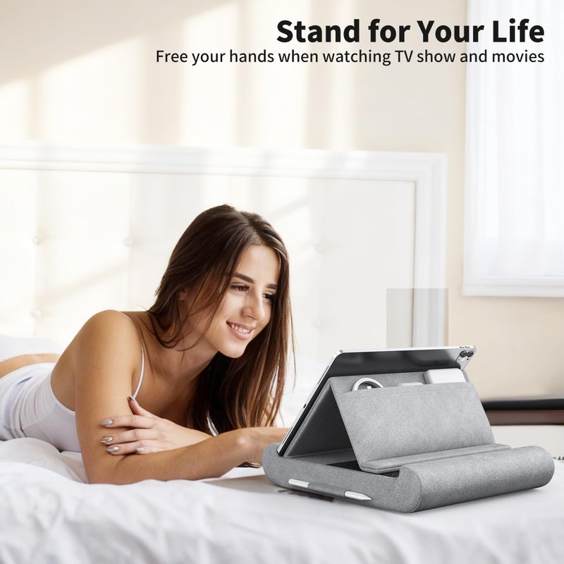 CreaDream Tablet Pillow Stand, Foldable Tablet Holder for Lap, Bed and Desk, Soft Pillow Pad with Pocket and Stylus Mount, for 4-13" Tablets, Like iPad Pro 11, 13, Air, Mini, Kindle, Galaxy Tab, Grey - Image 2