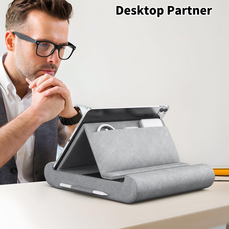 CreaDream Tablet Pillow Stand, Foldable Tablet Holder for Lap, Bed and Desk, Soft Pillow Pad with Pocket and Stylus Mount, for 4-13" Tablets, Like iPad Pro 11, 13, Air, Mini, Kindle, Galaxy Tab, Grey - Image 3