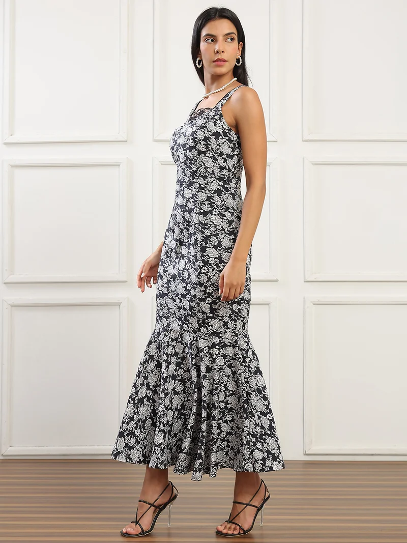 جلو باص فستان سهرة نسائي أسود بطبعات زهور وحمالات كتف ورقبة مستديرة بتفاصيل دانتيل وحافة واسعة ضيق