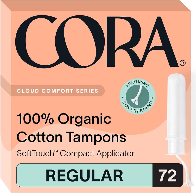 Cora Organic Applicator Tampons | Regular Absorbency | 100% Organic Cotton, Unscented, BPA-Free Compact Applicator | Leak Protection | Packaging May Vary | 72 Total