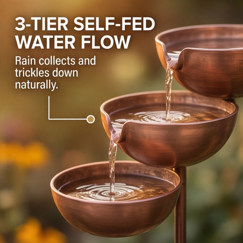 Copper Bird Bath 3-Tier Rainwater Catcher Design - Safe Shallow Drinking Spot Rain Catcher Bird for Outdoor Garden Yard Decor Bird Watchers - Image 4