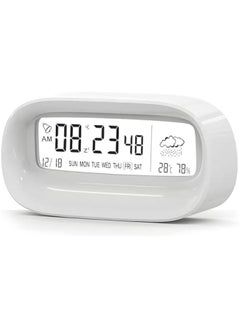 Digital Alarm Clock, Transparent LED Display Desk Clocks, Temperature Humidity Meter Snooze Weather Calendar Count Down Multifunction Timer Battery Operated for Office, Study Room,Bedroom-White