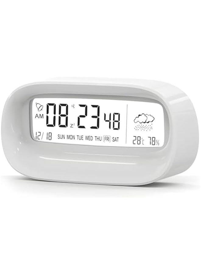 Beauenty - Digital Alarm Clock, Transparent LED Display Desk Clocks, Temperature Humidity Meter Snooze Weather Calendar Count Down Multifunction Timer Battery Operated for Office, Study Room,Bedroom-White - Image 1
