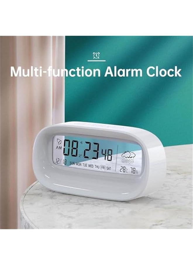 Beauenty - Digital Alarm Clock, Transparent LED Display Desk Clocks, Temperature Humidity Meter Snooze Weather Calendar Count Down Multifunction Timer Battery Operated for Office, Study Room,Bedroom-White - Image 1