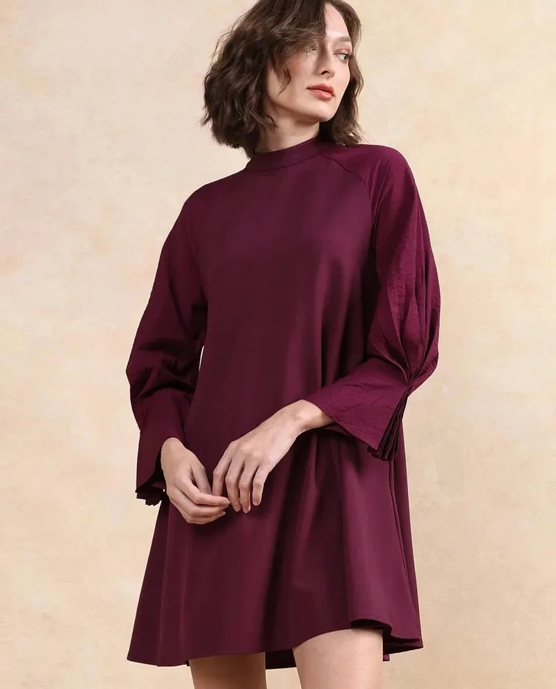 Rareism Rareism Women Cayman Maroon Polyester Fabric Fashion Sleeve High Neck Zipper Closure Straight Fit Midi Plain Dress
