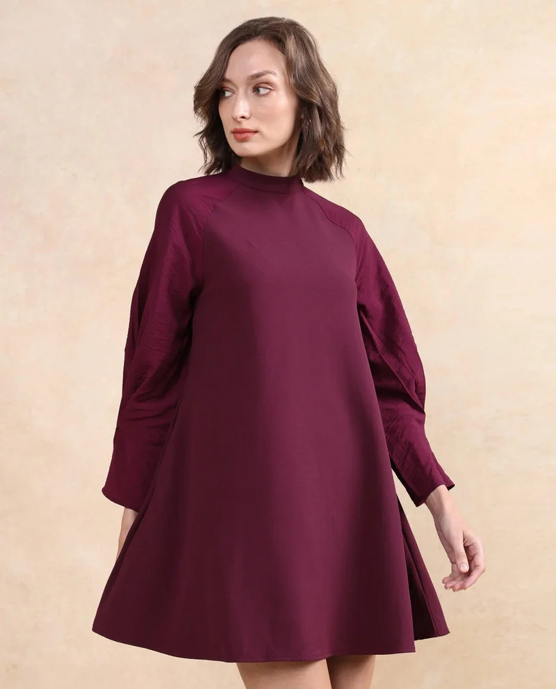 Rareism Rareism Women Cayman Maroon Polyester Fabric Fashion Sleeve High Neck Zipper Closure Straight Fit Midi Plain Dress