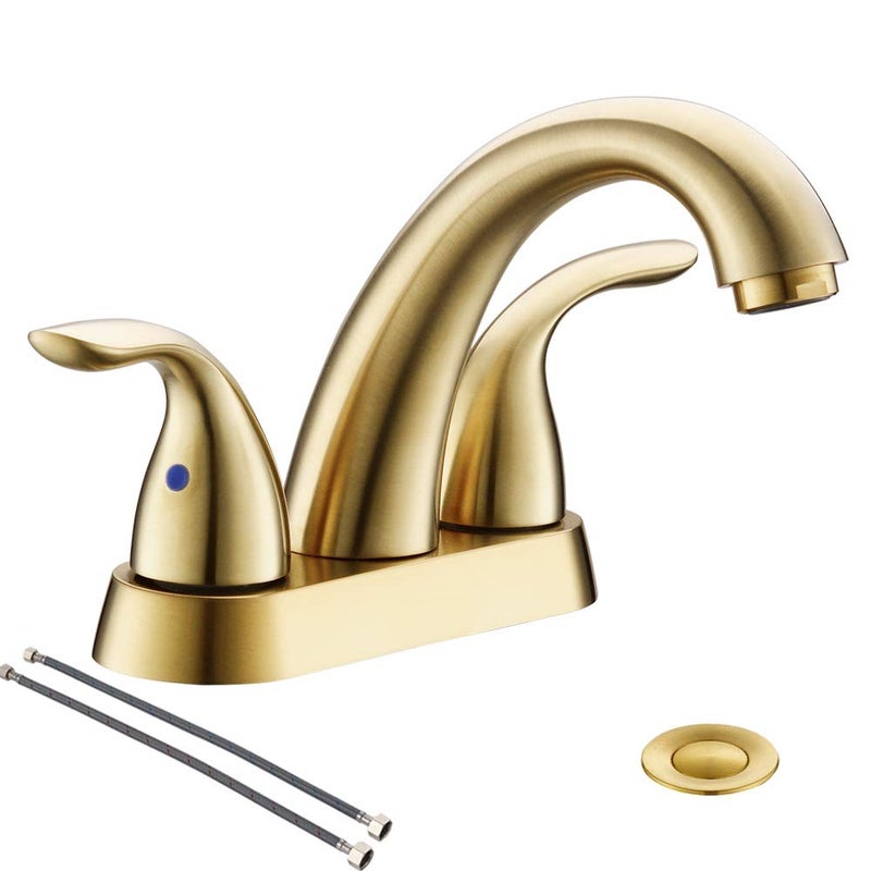 Phiestina Brushed Gold 4 Inch Centerset 2 Or 3 Holes 2 Handle Bathroom Faucet  Bathroom Faucet With Copper Pop Up Drain And Water Supply Lines  Bf008-5-Bg - Image 1