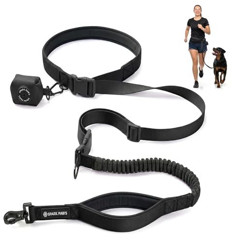 Spark Paws Handsfree Dog Leash Shock Absorbing Waist Bungee Lead for Running Car Seatbelt Clip Poop Bag Set Heavy Duty Tactical Lead for Medium Large XLarge Breeds Black - Image 1