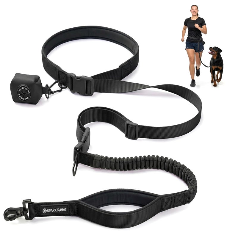 Spark Paws Handsfree Dog Leash Shock Absorbing Waist Bungee Lead for Running Car Seatbelt Clip Poop Bag Set Heavy Duty Tactical Lead for Medium Large XLarge Breeds Black - Image 2