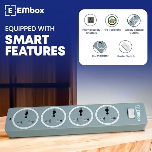 EMBOX 10A Extension Board with Master Switch-Extension Cord with 4 Universal Sockets-Spike Guard with Safety Shutter and LED Indicator-1500W (Grey-2 Meter Cable) - Image 3