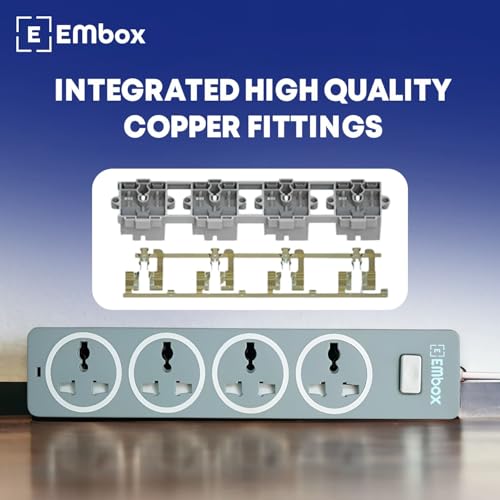 EMBOX 10A Extension Board with Master Switch-Extension Cord with 4 Universal Sockets-Spike Guard with Safety Shutter and LED Indicator-1500W (Grey-2 Meter Cable) - Image 5
