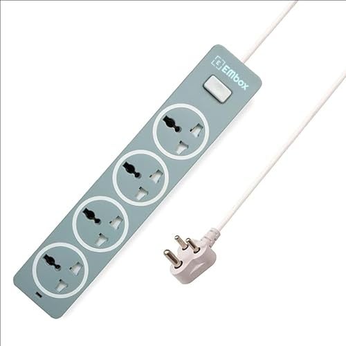 EMBOX 10A Extension Board with Master Switch-Extension Cord with 4 Universal Sockets-Spike Guard with Safety Shutter and LED Indicator-1500W (Grey-2 Meter Cable) - Image 1