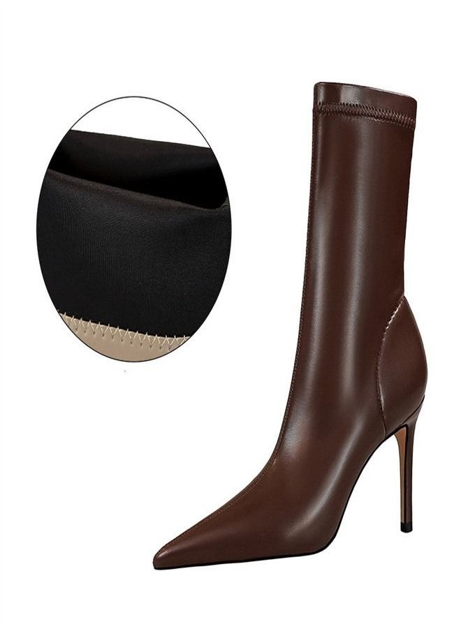 BIGTREE Simple Pointed High Heel Boots 7.5CM Brown 
