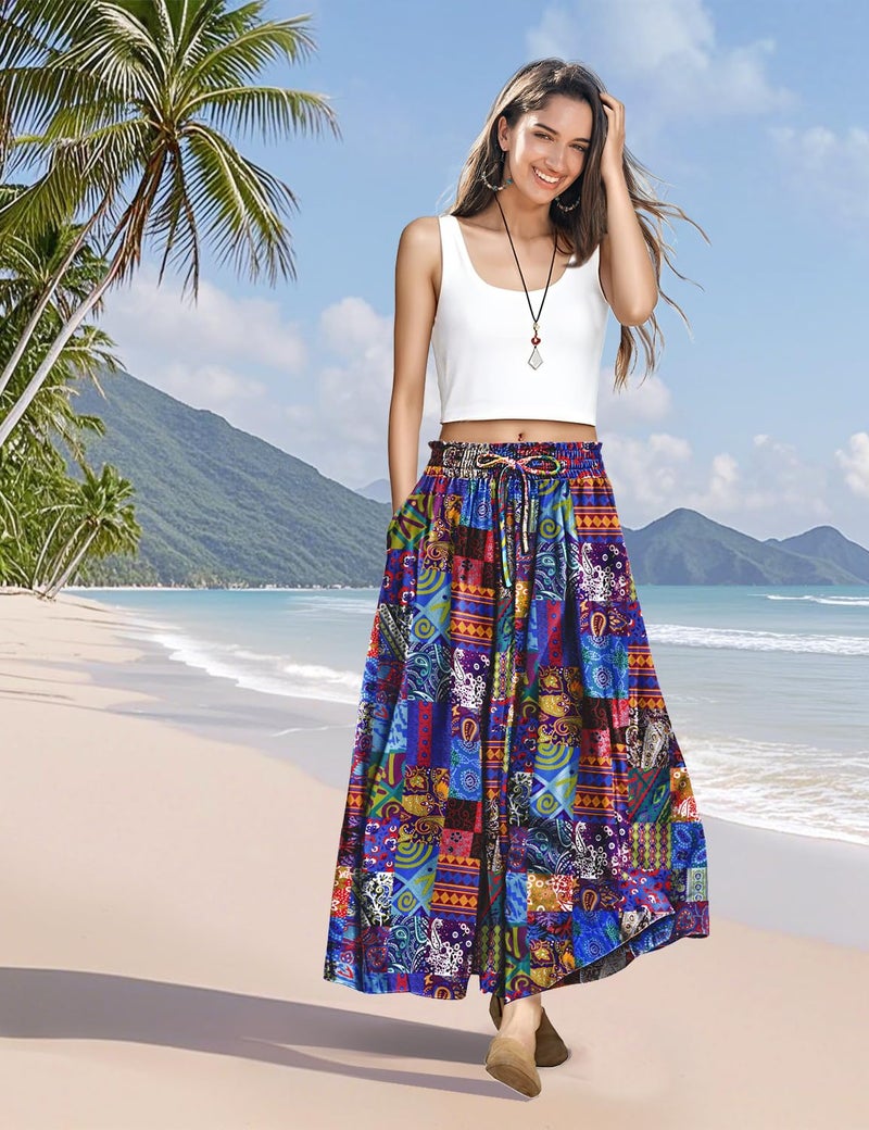 YESNO Women Wide Leg Pants Summer Floral Boho Palazzo Pants Casual High Waisted Flowy Crop Trousers with Pockets XL PSC P002B - Image 2