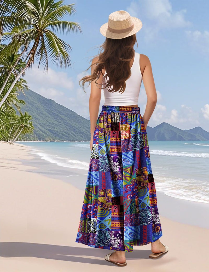 YESNO Women Wide Leg Pants Summer Floral Boho Palazzo Pants Casual High Waisted Flowy Crop Trousers with Pockets XL PSC P002B - Image 4