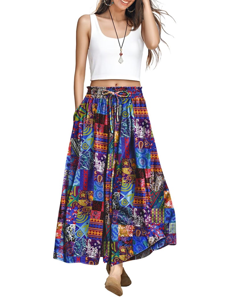 YESNO Women Wide Leg Pants Summer Floral Boho Palazzo Pants Casual High Waisted Flowy Crop Trousers with Pockets XL PSC P002B - Image 1