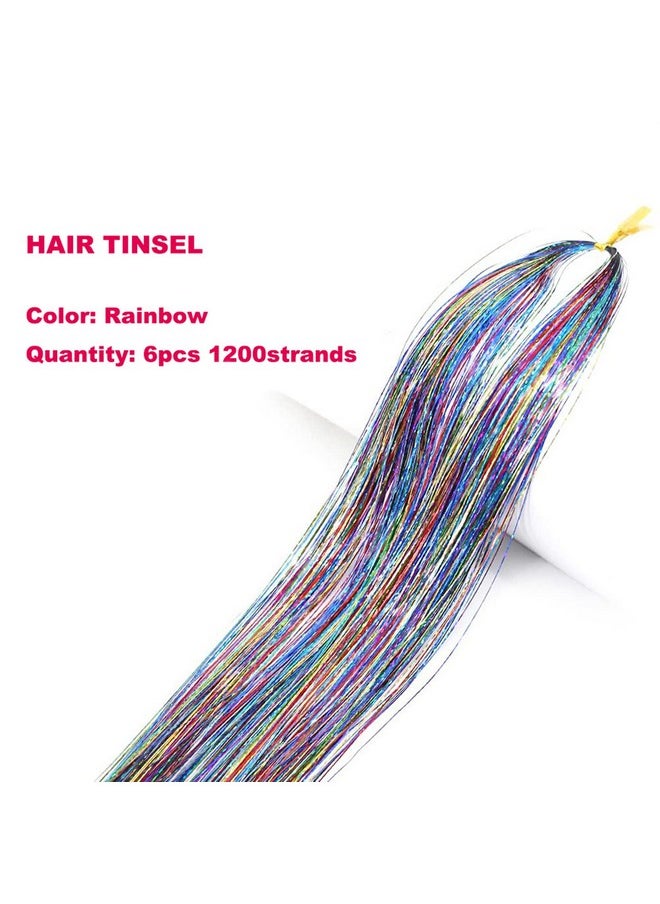 YOOONXI - Rainbow Hair Tinsel Kit With Tool 6Pcs 1200 Strands Glitter Tinsel Hair Extensions Heat Resistant Sparkling Shiny Fairy Hair Accessories For Women Girls Kids 47Inch - Image 1