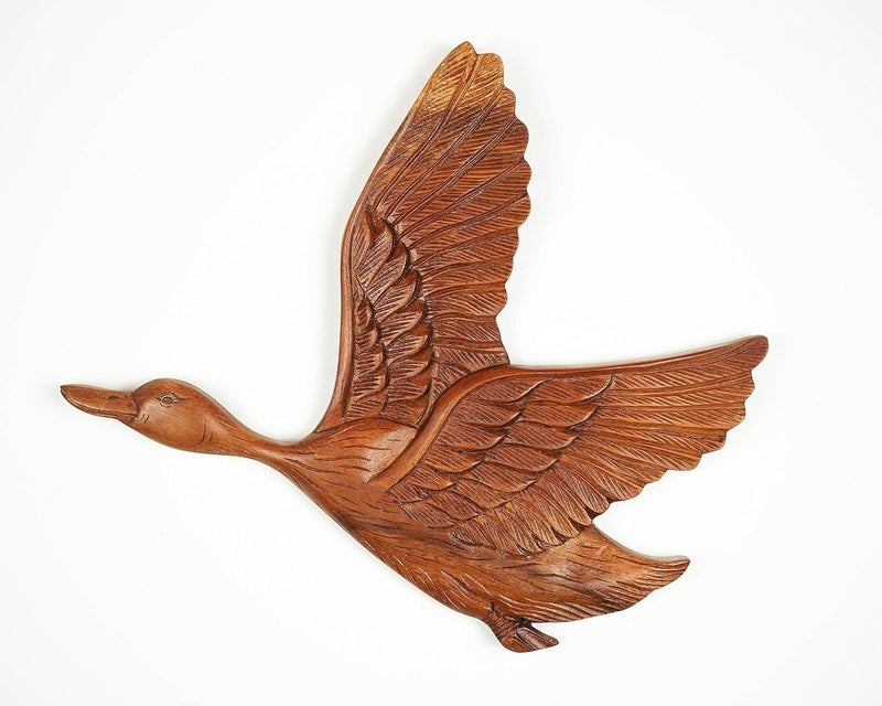 kveer wood Solid Wood Flying Duck Wall Art Wood Carving Room Decor Brown - Image 1