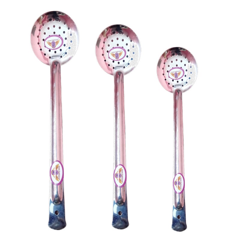 Jayam Traditional مجموعة ملاعق طهي وتقديم تقليدية من الفولاذ المقاوم للصدأ من جايام لـ 3 | صغيرة | متوسطة | كبيرة (مصفاة) - Image 1