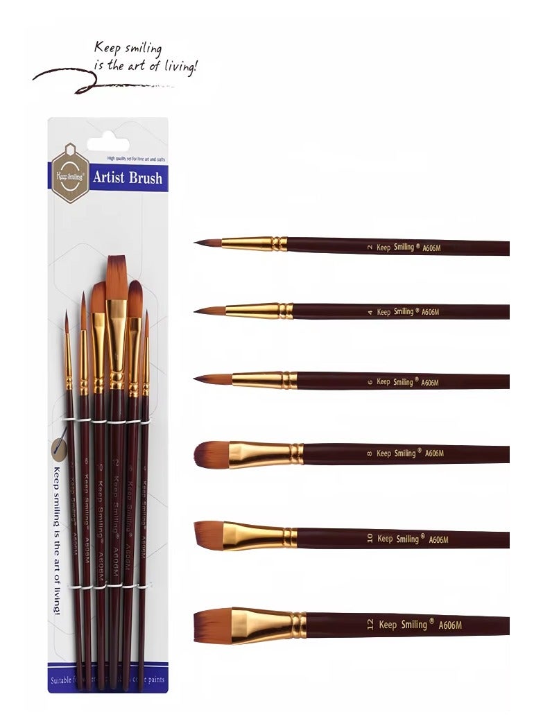 Keep Smiling 6 Pcs Nylon Hair Acrylic Oil Watercolor Painting Wooden Handle Artist Paint Brush Set - Image 1