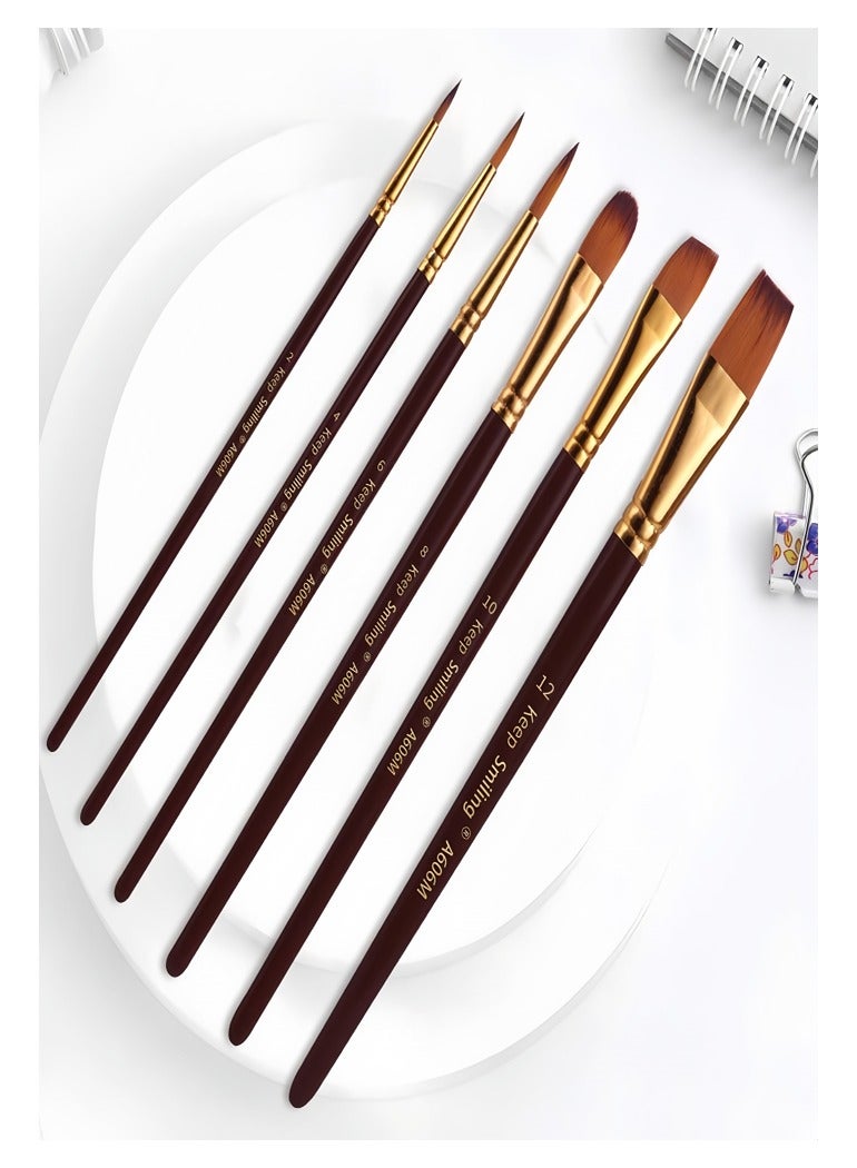 Keep Smiling 6 Pcs Nylon Hair Acrylic Oil Watercolor Painting Wooden Handle Artist Paint Brush Set - Image 2