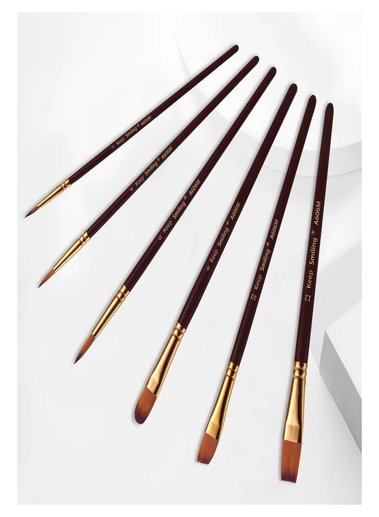Keep Smiling 6 Pcs Nylon Hair Acrylic Oil Watercolor Painting Wooden Handle Artist Paint Brush Set - Image 4