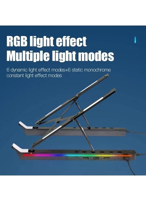 Adjustable Height Laptop Stand Holder Portable Desktop Computer Stand RGB Aluminium Alloy Laptop Stand with USB-A 3.0 and USB-C 2.0 Hub