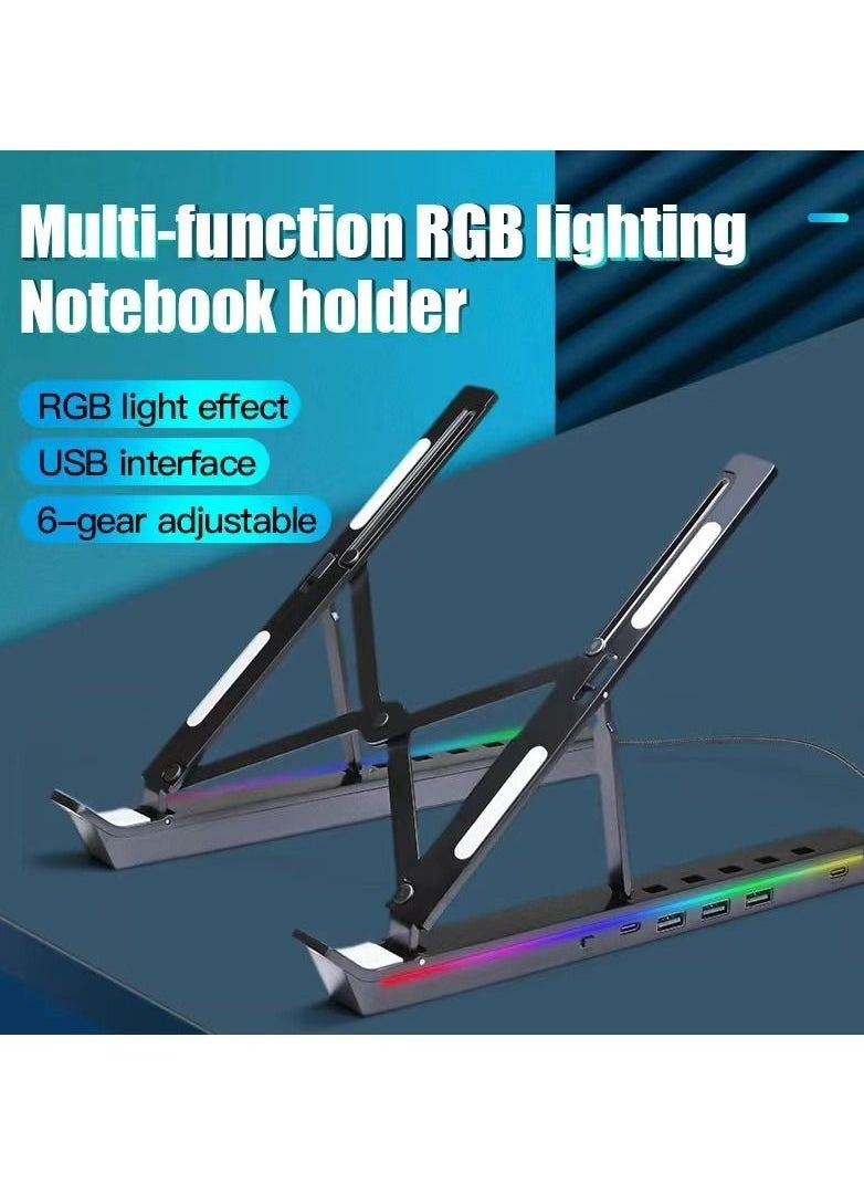 Generic - Adjustable Height Laptop Stand Holder Portable Desktop Computer Stand RGB Aluminium Alloy Laptop Stand with USB-A 3.0 and USB-C 2.0 Hub - Image 1