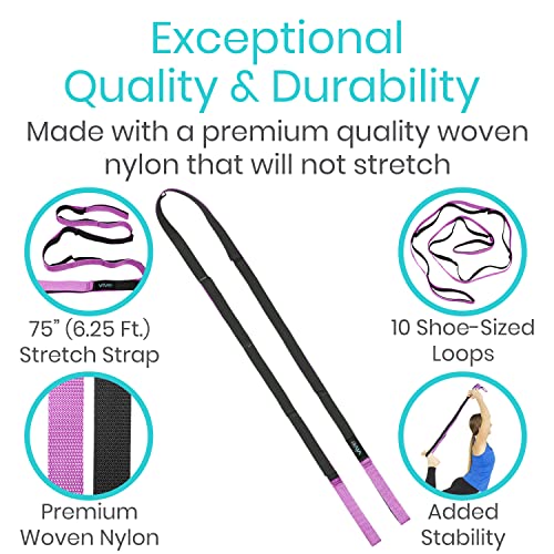 Vive Stretch Strap (75" - 10 Loops) - Leg Stretch Band to Improve Flexibility - Stretching Out Yoga Strap - Exercise and Physical Therapy Belt for Rehab, Pilates and Gymnastics with Guide Book - Image 4