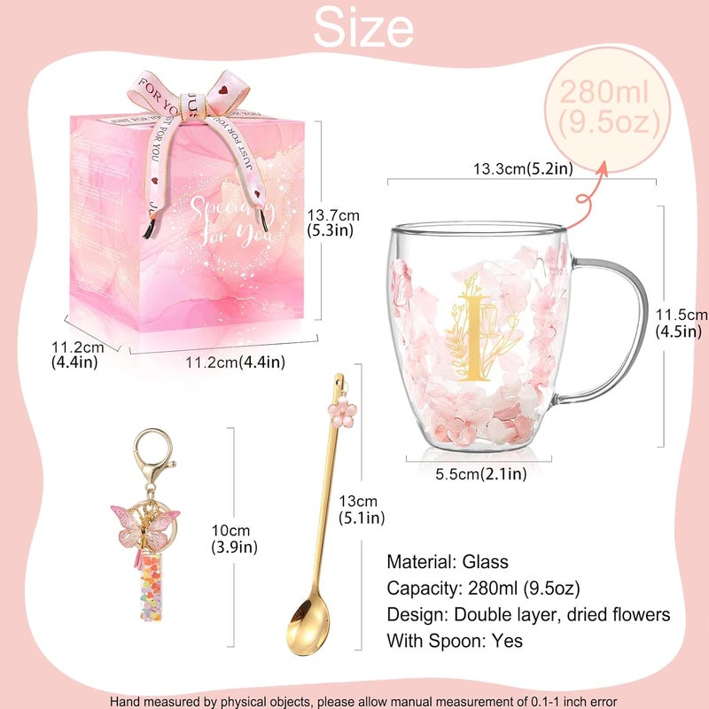 BigNoseDeer Gifts for Women Glass Coffee Mugs Unique Birthday Gift for Women Her Ladies Espresso Tea Cups Personalised Friendship Wedding Gifts Cute Double Walled Glass Mugs Pink Stuff Graduation Gift (Letter I) - Image 5