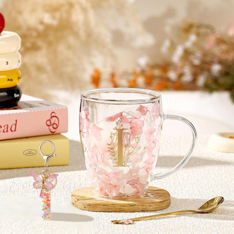 BigNoseDeer Gifts for Women Glass Coffee Mugs Unique Birthday Gift for Women Her Ladies Espresso Tea Cups Personalised Friendship Wedding Gifts Cute Double Walled Glass Mugs Pink Stuff Graduation Gift (Letter I) - Image 4