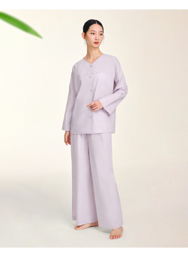 Goldlion Pure Cotton New Chinese Style Dropped Shoulder Sleeve Loose Collarless Long Sleeve Pants Women's Loungewear Set Breathable Sleepwear For Women - Image 1