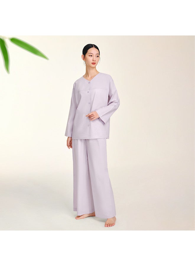 Goldlion Pure Cotton New Chinese Style Dropped Shoulder Sleeve Loose Collarless Long Sleeve Pants Women's Loungewear Set Breathable Sleepwear For Women - Image 2