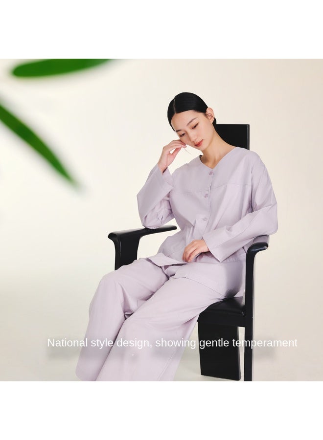 Goldlion Pure Cotton New Chinese Style Dropped Shoulder Sleeve Loose Collarless Long Sleeve Pants Women's Loungewear Set Breathable Sleepwear For Women - Image 5