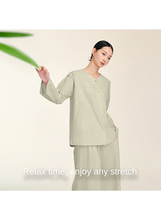 Goldlion Pure Cotton New Chinese Style Dropped Shoulder Sleeve Loose Collarless Long Sleeve Pants Women's Loungewear Set Breathable Sleepwear For Women - Image 4