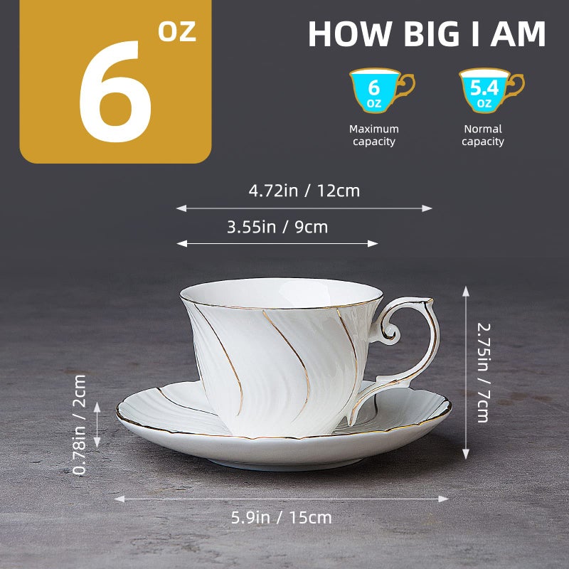 Agyiuns tea cups and saucers ceramic coffee mug 6oz for Coffee, Latte, Cafe Mocha and Tea-Set of 4, White - Image 2