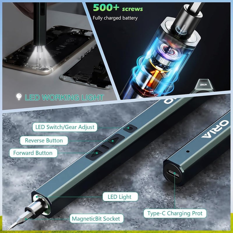 ORIA Electric Screwdriver Set, 33 in 1 Precision Screwdriver Set, Rechargeable Mini Electric Screwdriver, Portable Repair Tool Kit, LED Lights for Electronics Phone PC - Image 4