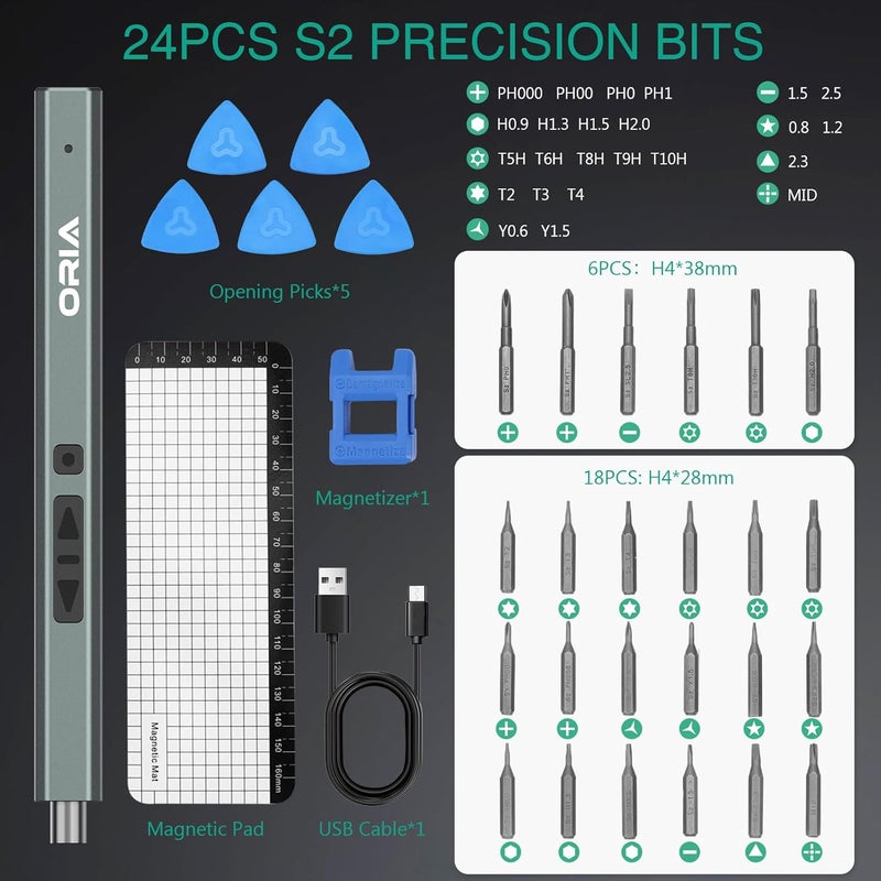 ORIA Electric Screwdriver Set, 33 in 1 Precision Screwdriver Set, Rechargeable Mini Electric Screwdriver, Portable Repair Tool Kit, LED Lights for Electronics Phone PC - Image 2