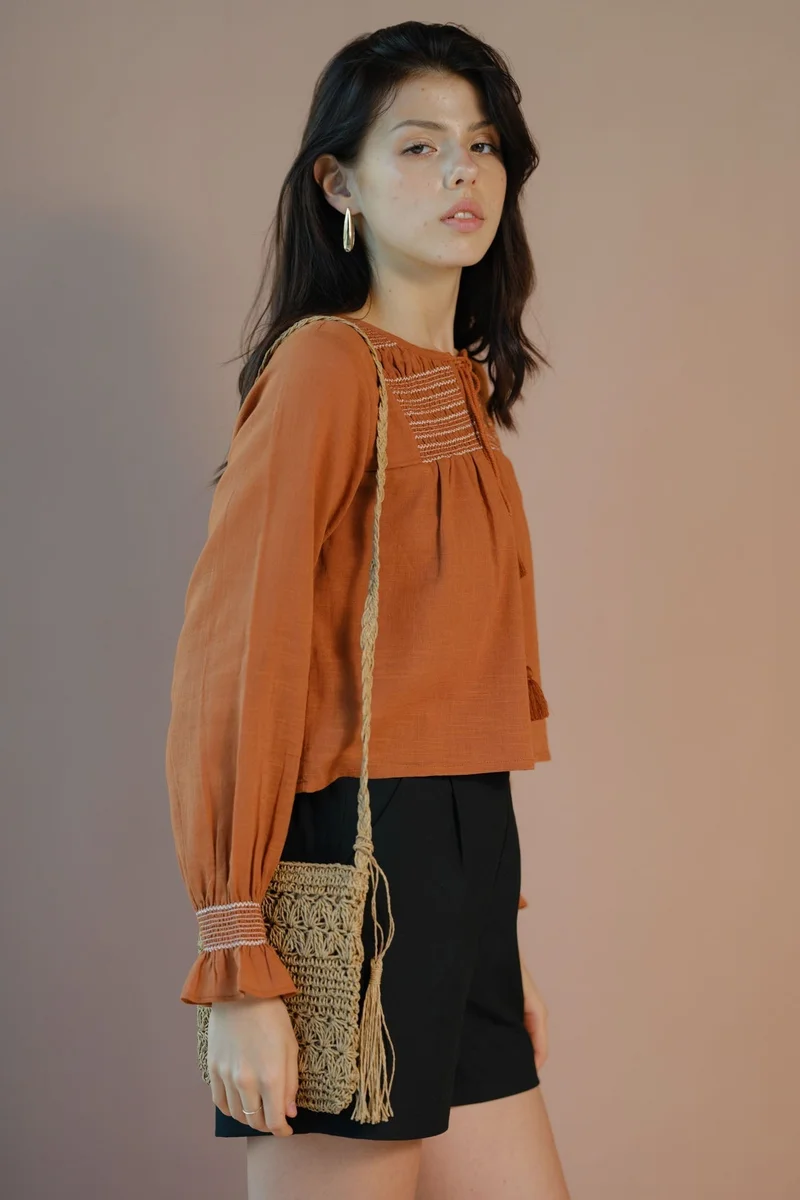 Virgio VIRGIO 100% Cotton Balloon Sleeve Embroidered Top