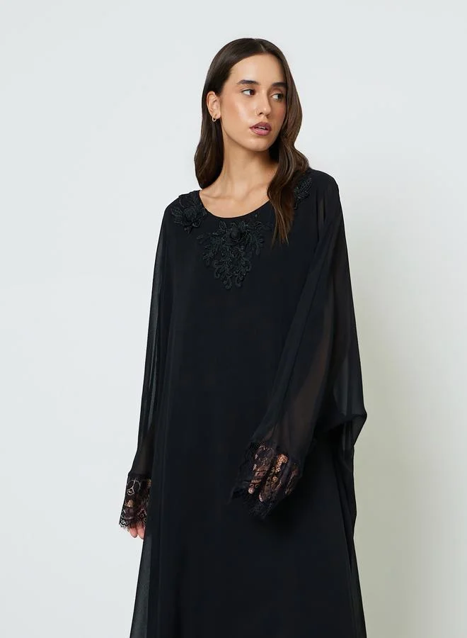 تايك تو Black Abaya with Delicate Lace Trim and Hijab