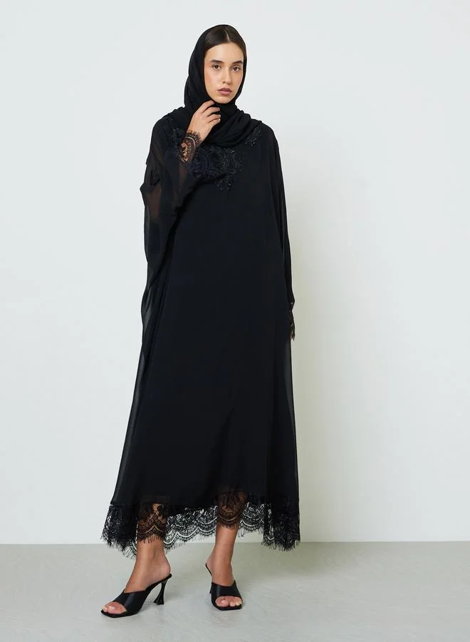 تايك تو Black Abaya with Delicate Lace Trim and Hijab