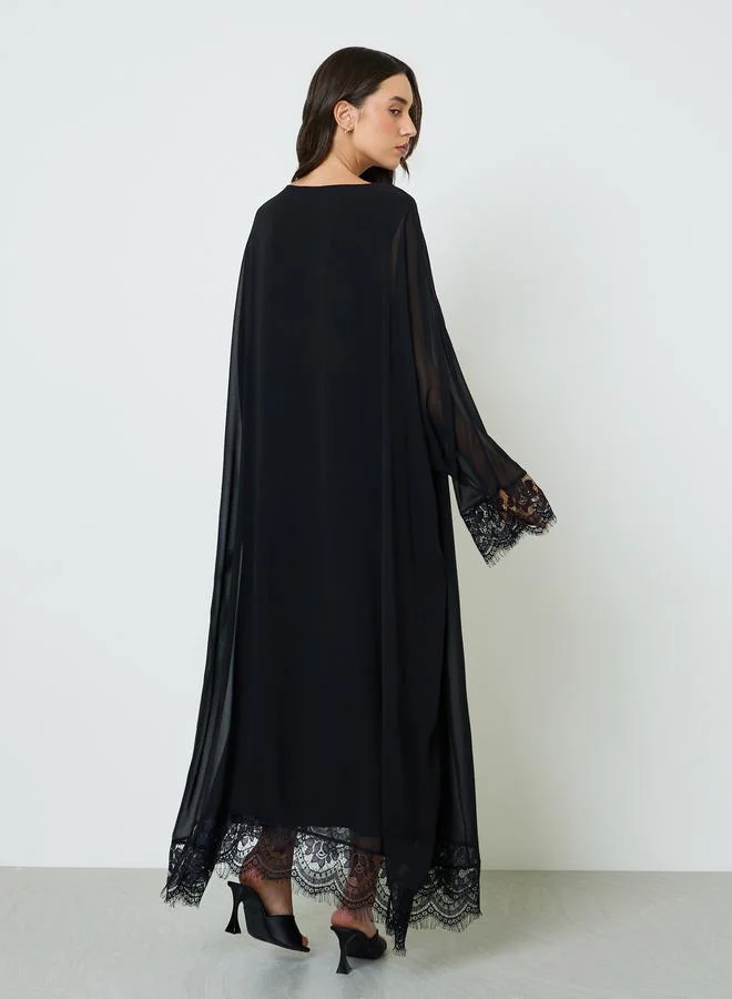 Take Two  Black Abaya with Delicate Lace Trim and Hijab for Women | Best Price UAE