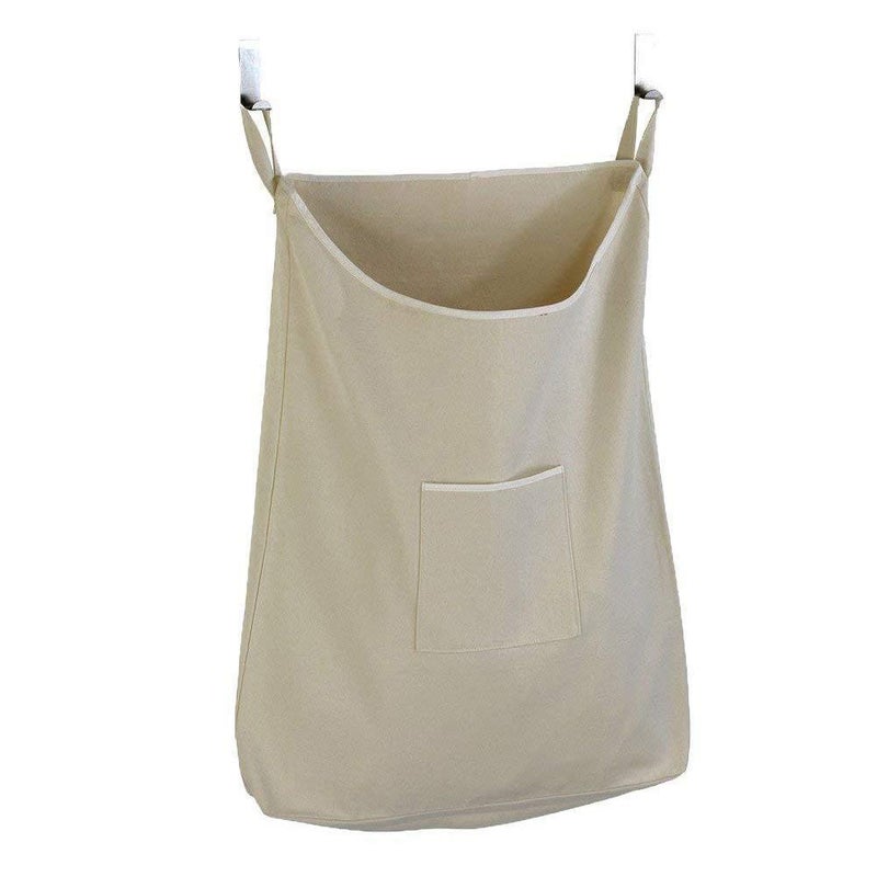INDIAN DECOR 91132 Space Saving Door Hanging Laundry Hamper Bag with Stainless Steel Hooks for Large Capacity Storage Off White  - Image 1