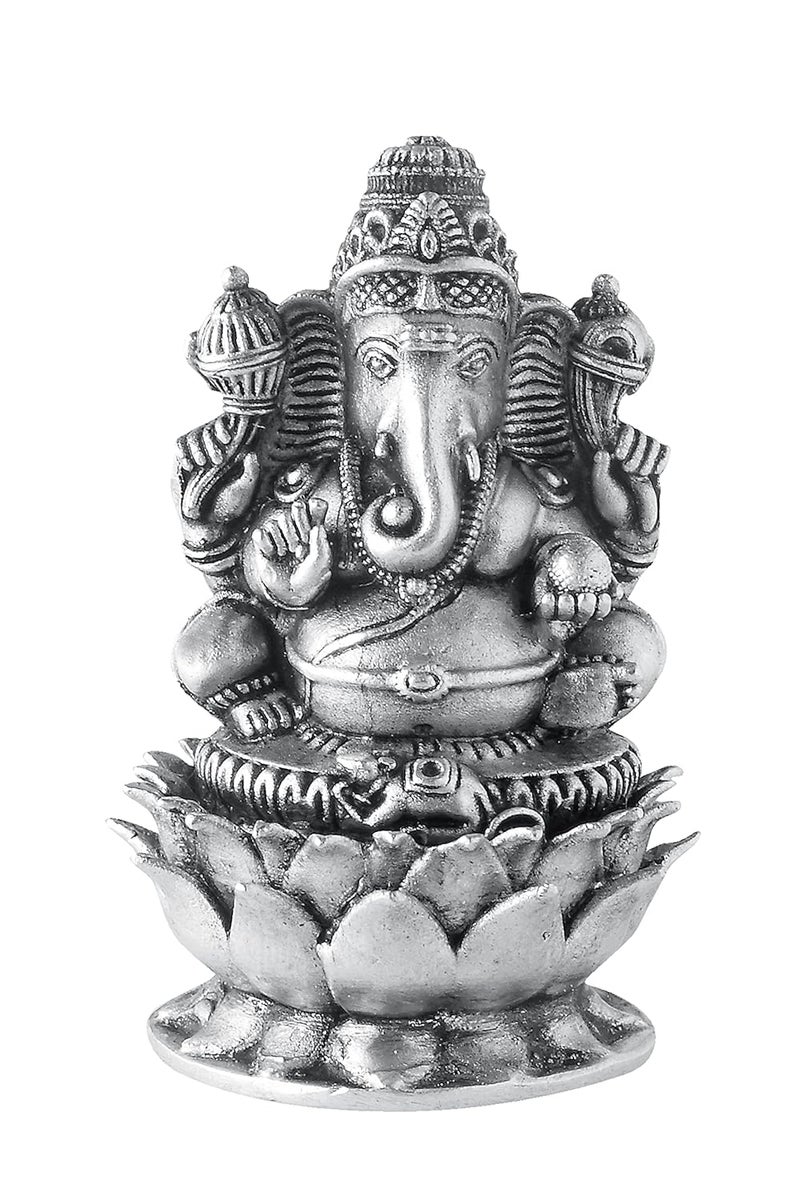 PRD CARATCAFE تمثال غانيشا الفضي من PRD CARATCAFE لاستخدامه في لوحة القيادة بالسيارة أو المكتب أو المنزل مصنوع من معدن الفضة الخالص 925 تمثال غانيش جي على زهرة اللوتس مظهر عتيق هدية لجميع المناسبات والمهرجانات - Image 1